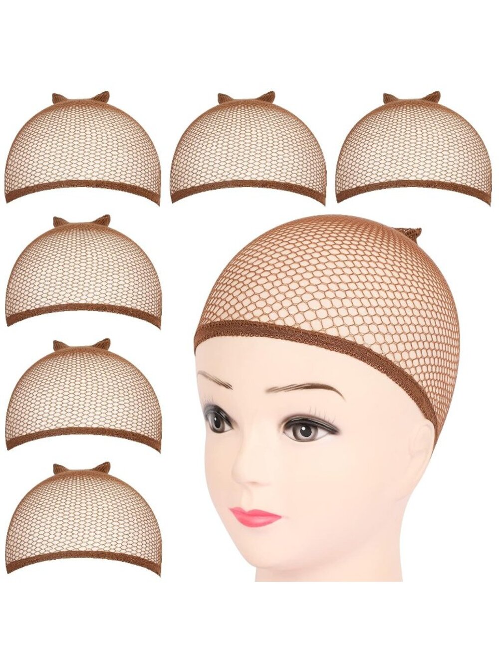 Women's Brown 6 Pcs Closed End Hair Mesh Net Liner Weaving Cosplay Wigs Cap